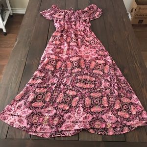 Decree boho printed pink flounce maxi dress L